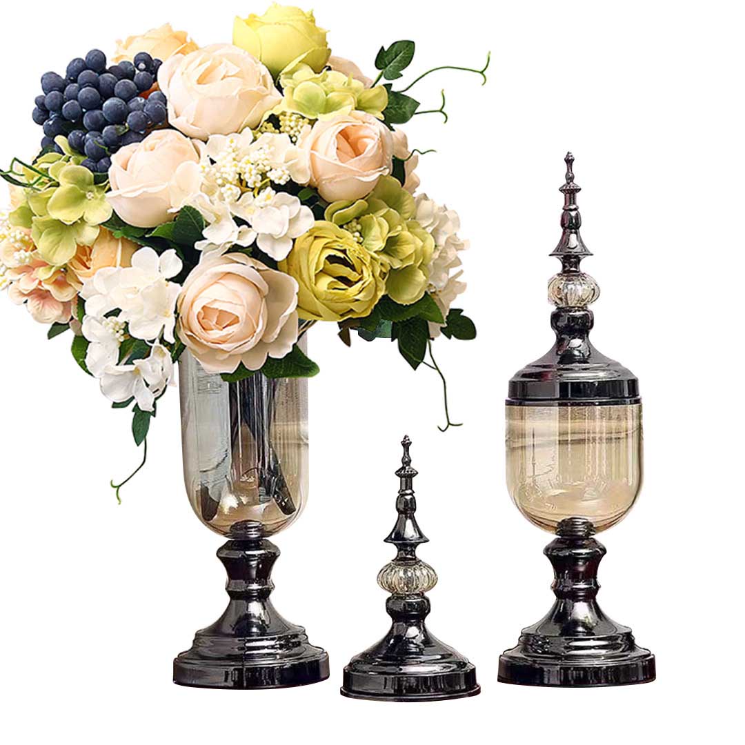 Soga 2 X Clear Glass Flower Vase With Lid And White Flower Filler Vase Black Set