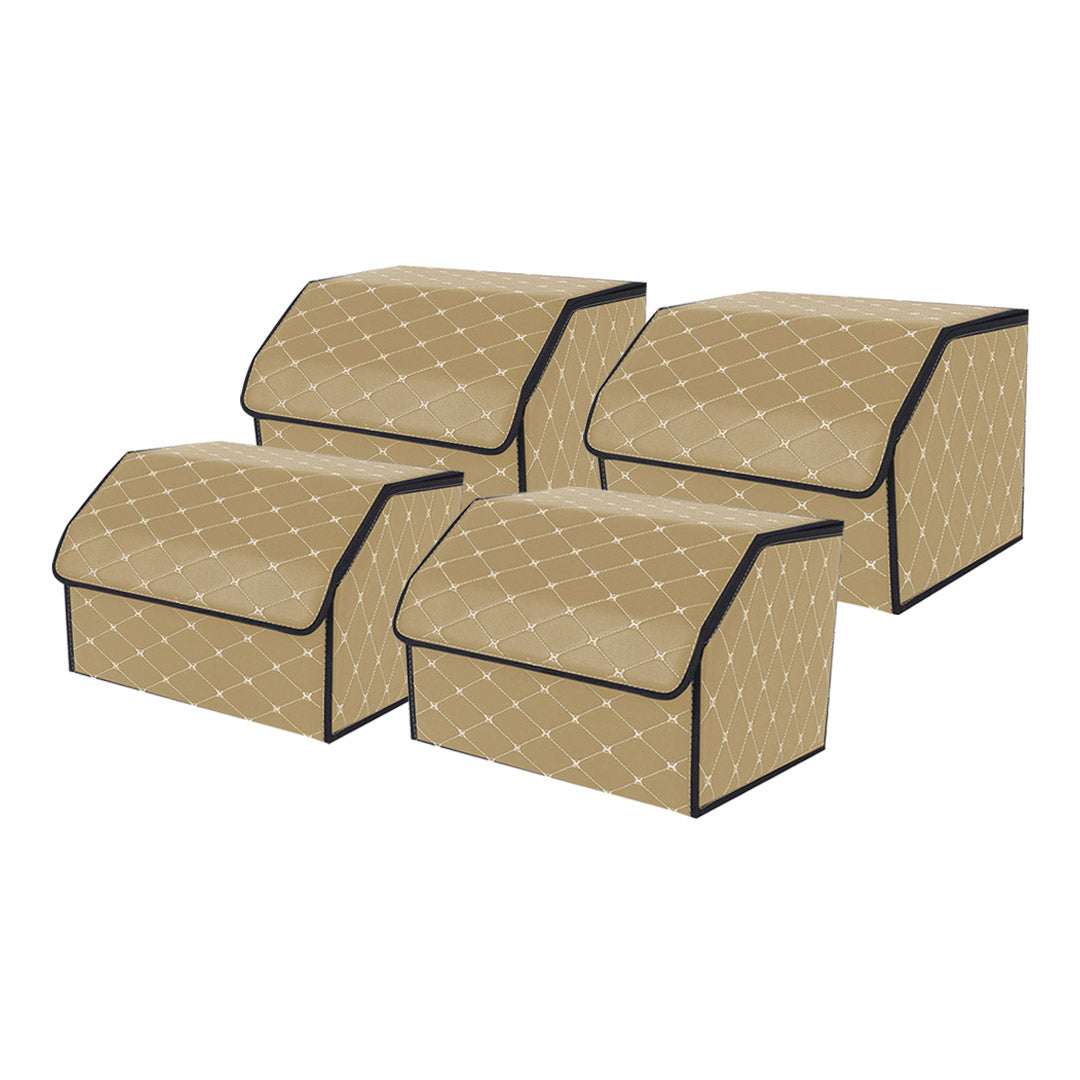 Soga 4 X Leather Car Boot Collapsible Foldable Trunk Cargo Organizer Portable Storage Box Beige/Gold Stitch Medium
