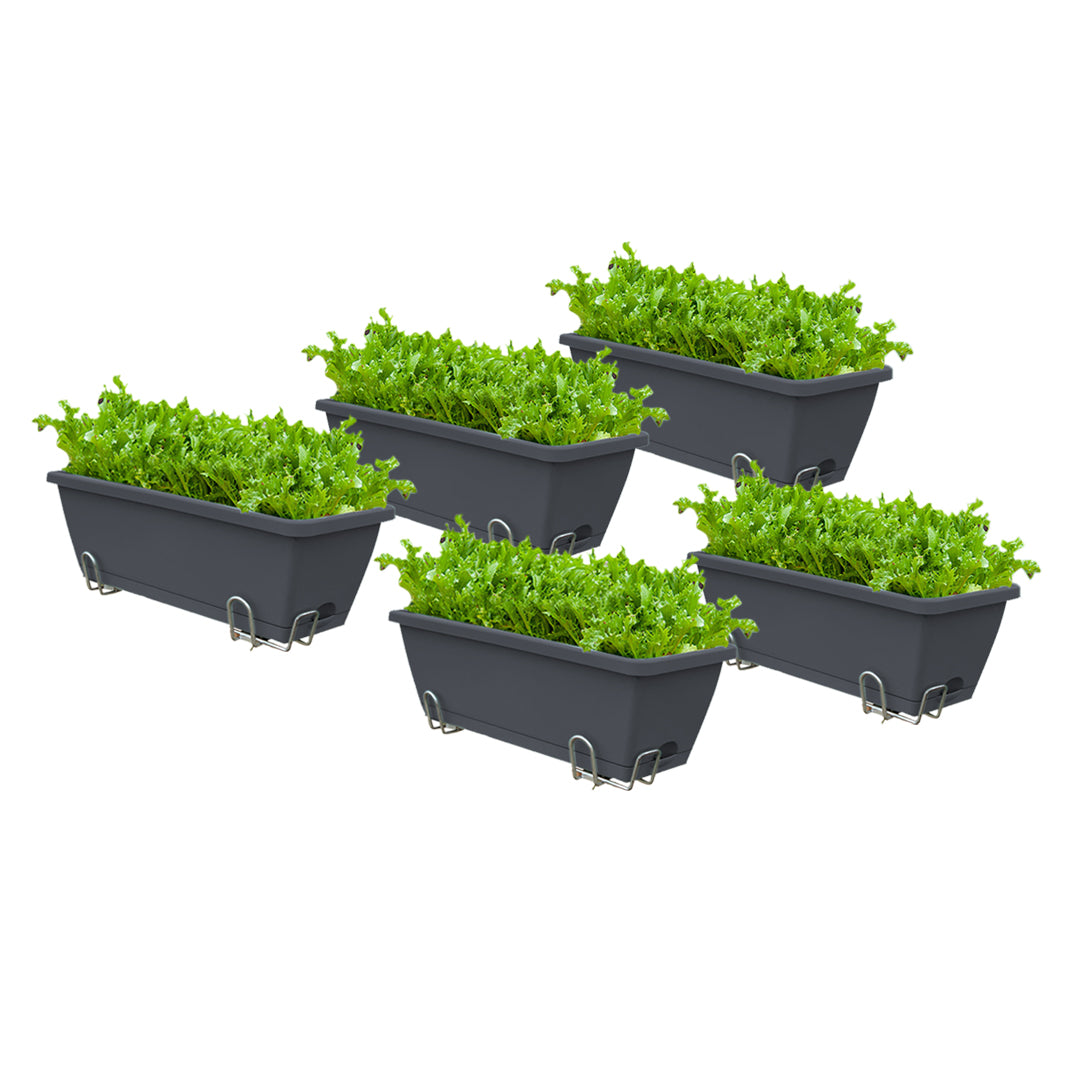 49.5cm Black Rectangular Planter Vegetable Herb Flower Outdoor Plastic Box with Holder Balcony Garden Decor Set of 5
