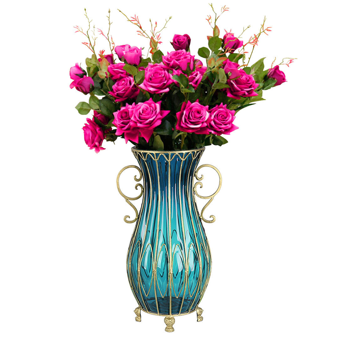 Soga 51cm Blue Glass Tall Floor Vase With 12pcs Artificial Fake Flower Set