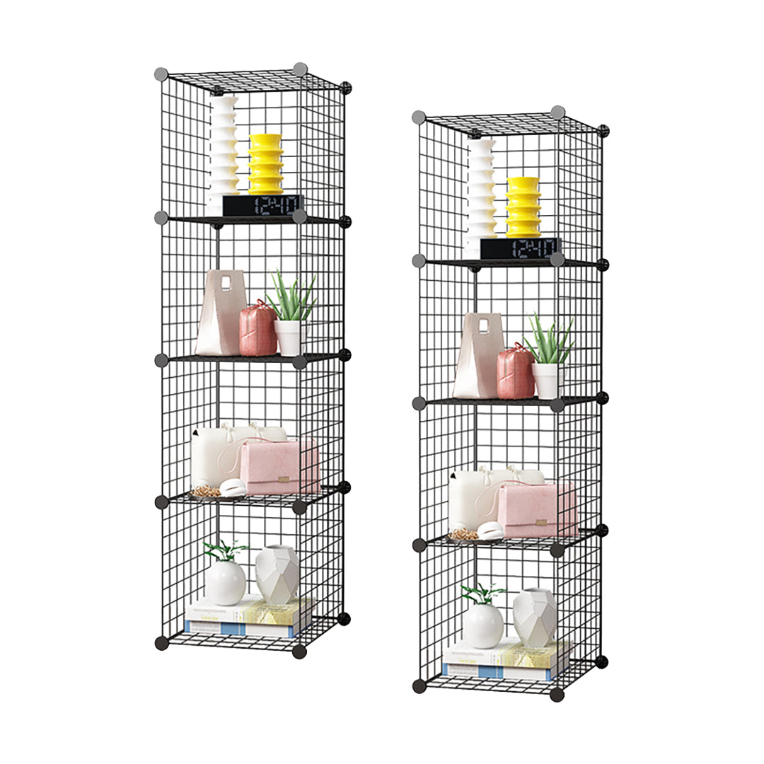 2X Black Portable 4 Tier Cube Storage Organiser Foldable DIY Modular Grid Space Saving Shelf