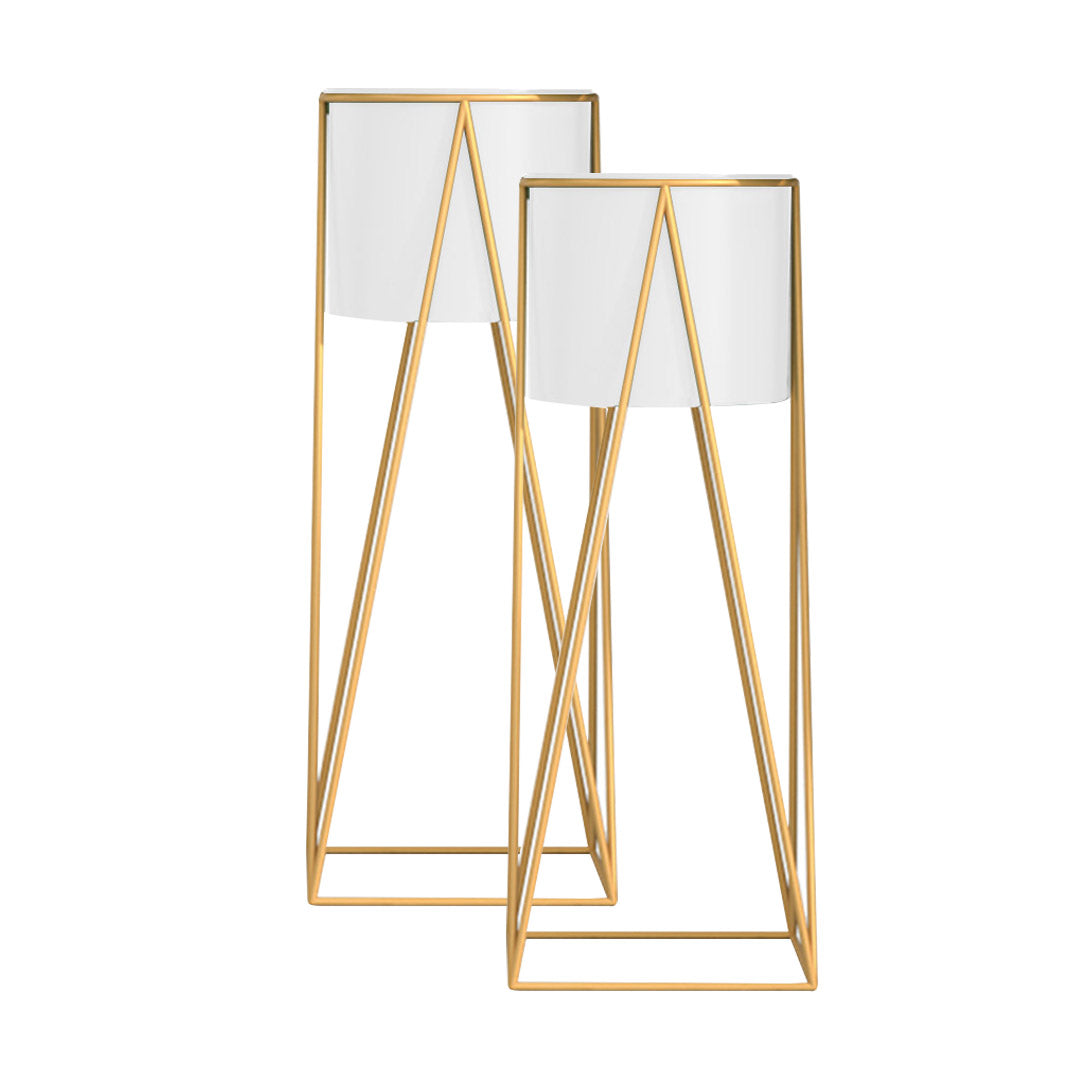 Soga 2 X 50cm Gold Metal Plant Stand With White Flower Pot Holder Corner Shelving Rack Indoor Display