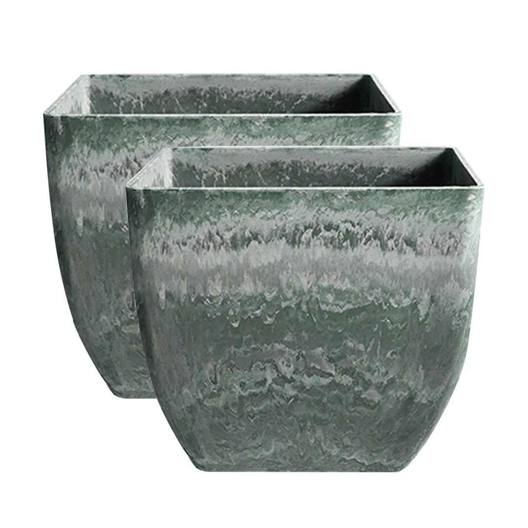 Soga 2 X 27cm Green Grey Square Resin Plant Flower Pot In Cement Pattern Planter Cachepot For Indoor Home Office