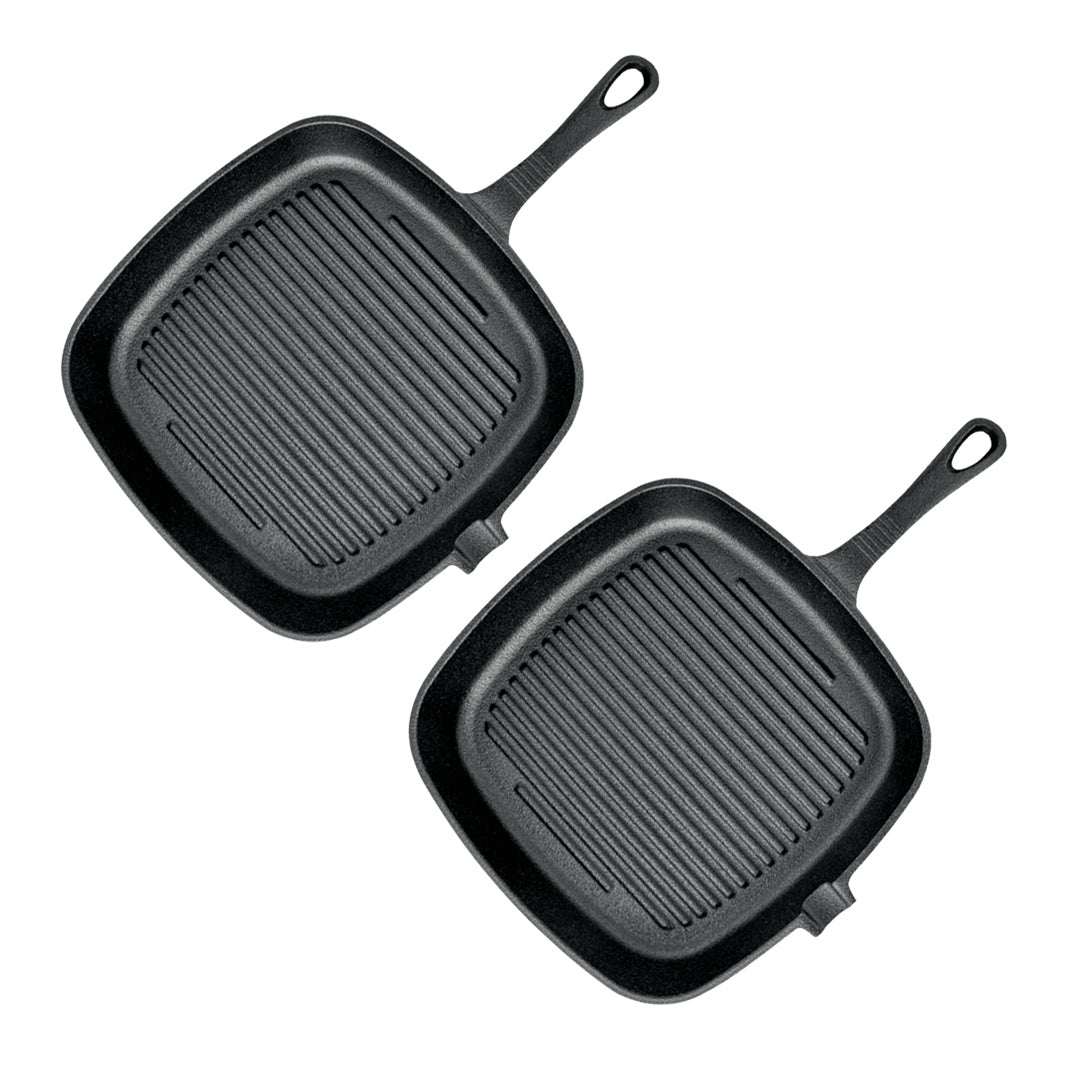 Soga 2 X 23.5cm Square Ribbed Cast Iron Frying Pan Skillet Steak Sizzle Platter With Handle