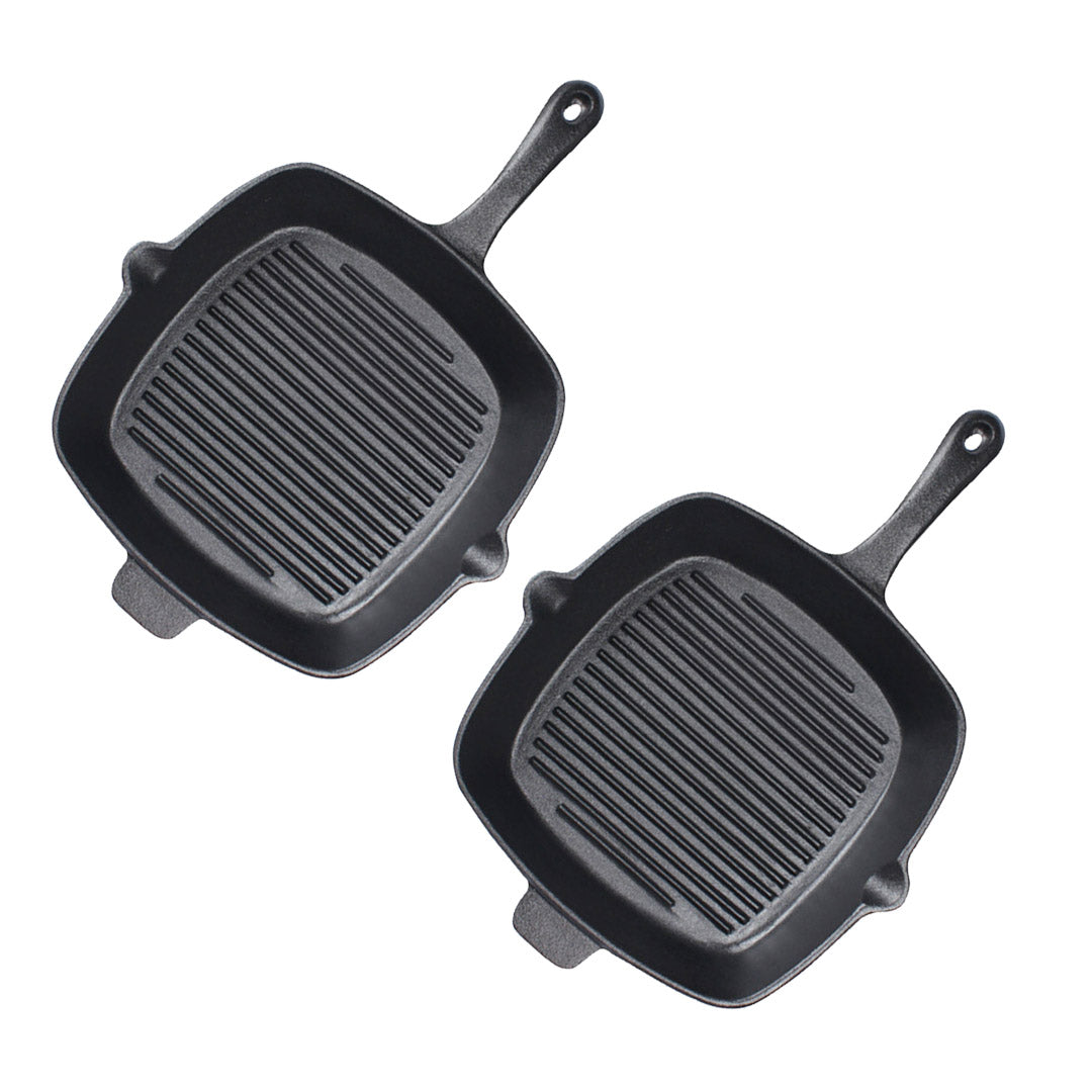 Soga 2 X 26cm Square Ribbed Cast Iron Frying Pan Skillet Steak Sizzle Platter With Handle