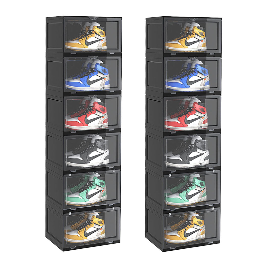 2X 6 Tier Black Portable Shoe Organiser Sneaker Footwear Folding Plastic Bin Stackable Storage Box with Magnetic Door