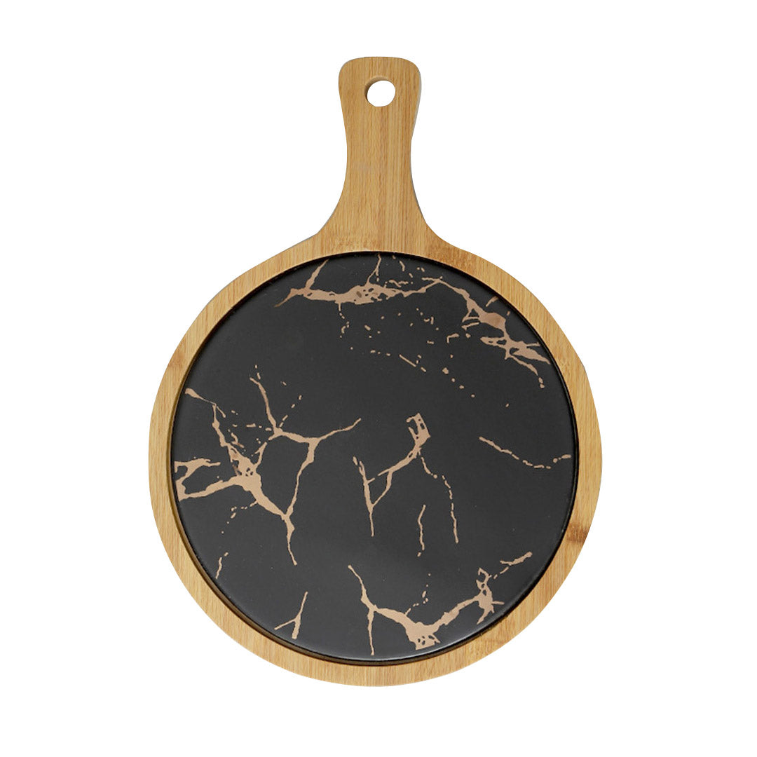 Soga 30cm Black Circle Wooden Serving Tray Slate Steak Serving Platter Chopping Board Paddle Home Decor