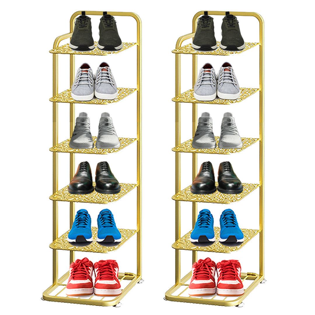 2X 6 Tier Gold Plated Metal Shoe Organizer Space Saving Portable Footwear Storage Shelf6 Tier Gold Metal Shoe Organizer