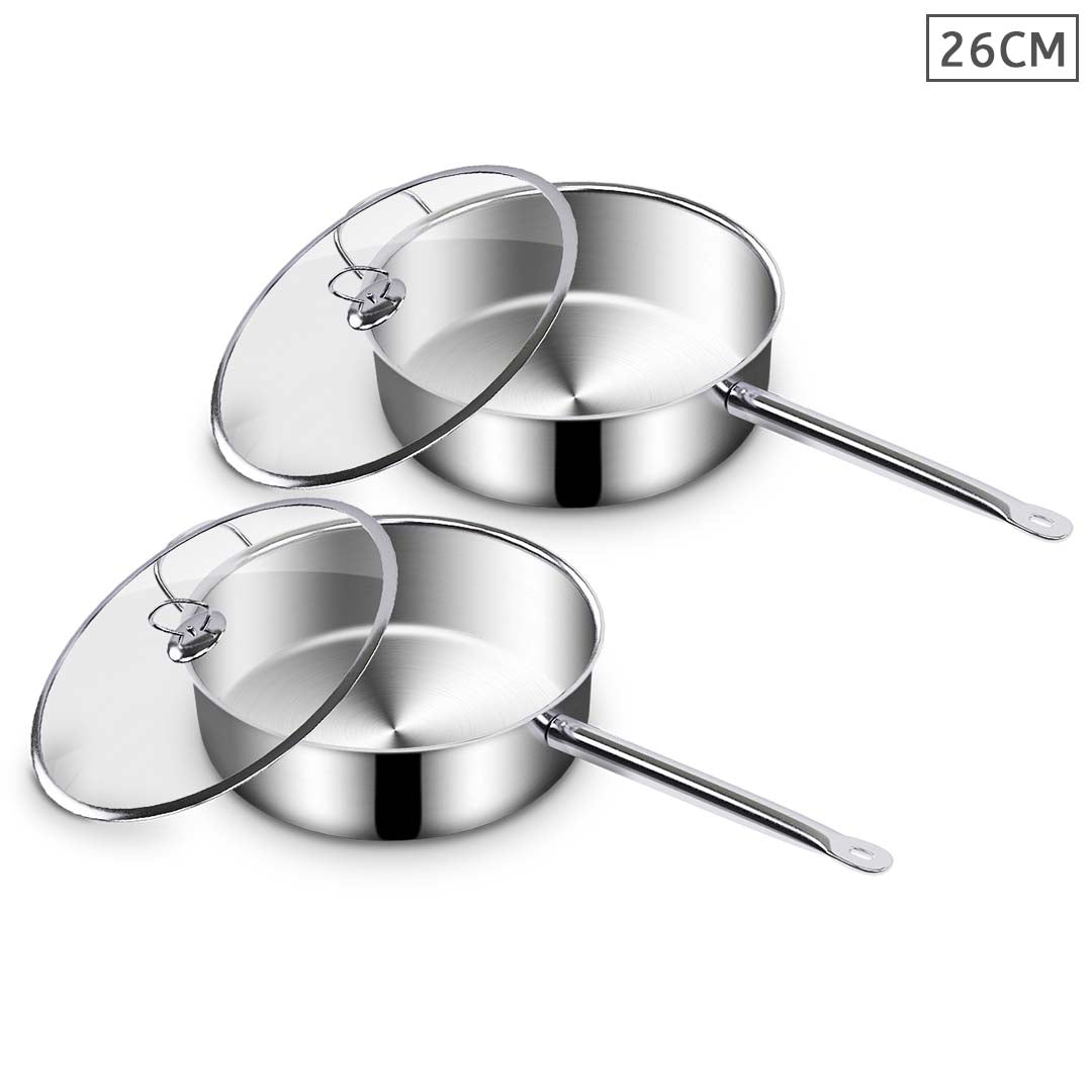 Soga 2 X 26cm Stainless Steel Saucepan Sauce Pan With Glass Lid And Helper Handle Triple Ply Base Cookware