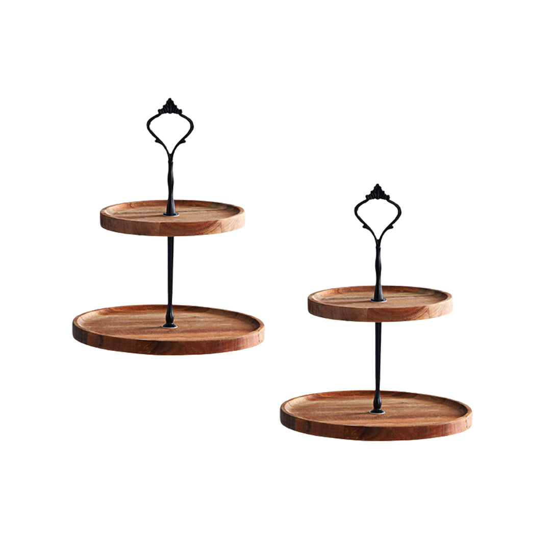 Soga 2 X 15cm 2 Tier Brown Round Wooden Acacia Dessert Tray Cake Snacks Cupcake Stand Buffet Serving Countertop Decor
