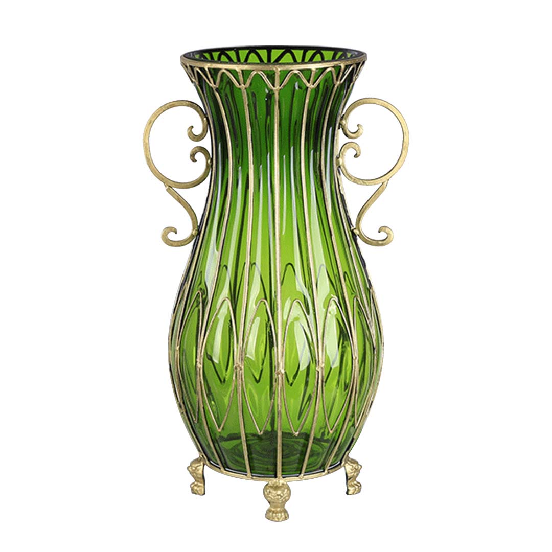 Soga 51cm Green Glass Oval Floor Vase With Metal Flower Stand