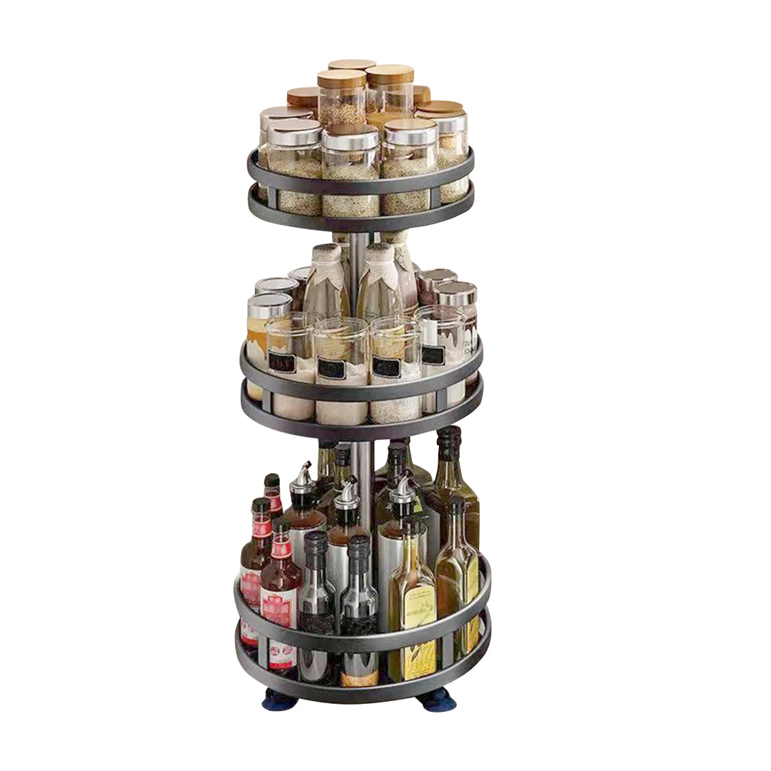 3 Tier Steel Black Round Rotating Multi-Function Kitchen Portable Storage Spice Seasoning Kitchen Countertop Organiser Shelf