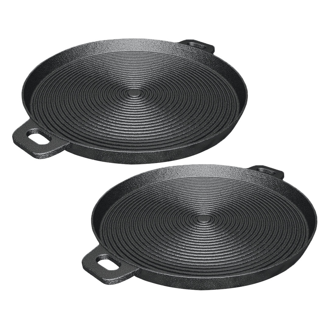 Soga 2 X 35cm Round Ribbed Cast Iron Frying Pan Skillet Steak Sizzle Platter With Handle