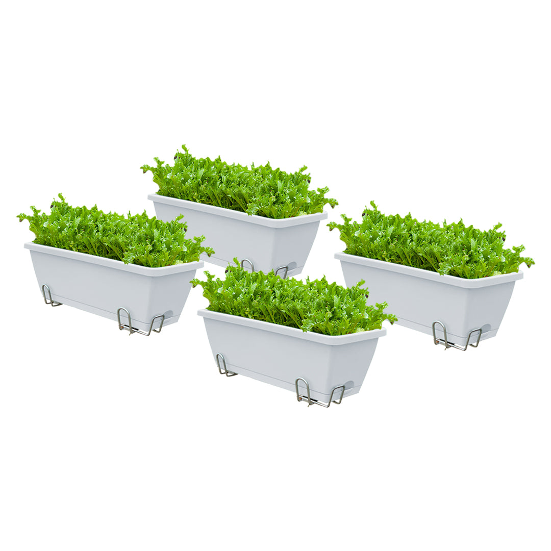 49.5cm White Rectangular Planter Vegetable Herb Flower Outdoor Plastic Box with Holder Balcony Garden Decor Set of 4