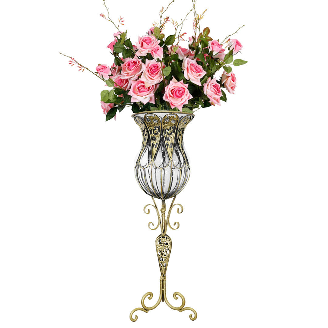 85cm Clear Glass Tall Floor Vase with 12pcs Pink Artificial Fake Flower Set