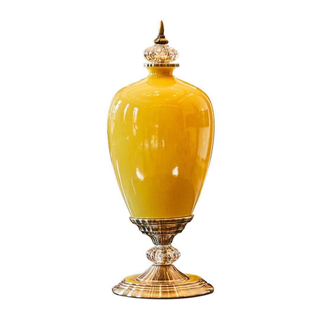 Soga 42.50cm Ceramic Oval Flower Vase With Gold Metal Base Yellow