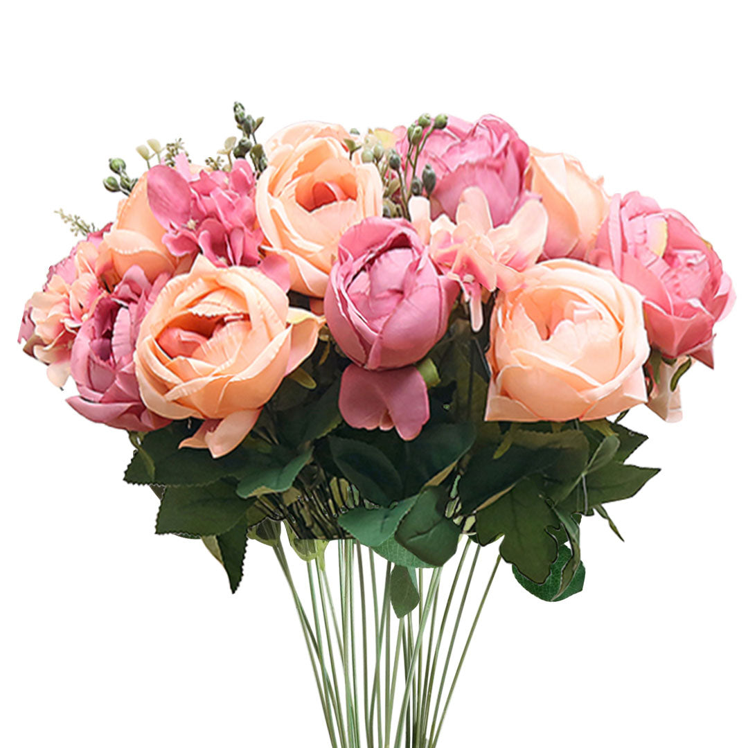 Soga 3pcs Artificial Silk With 15 Heads Flower Fake Rose Bouquet Table Decor Pink