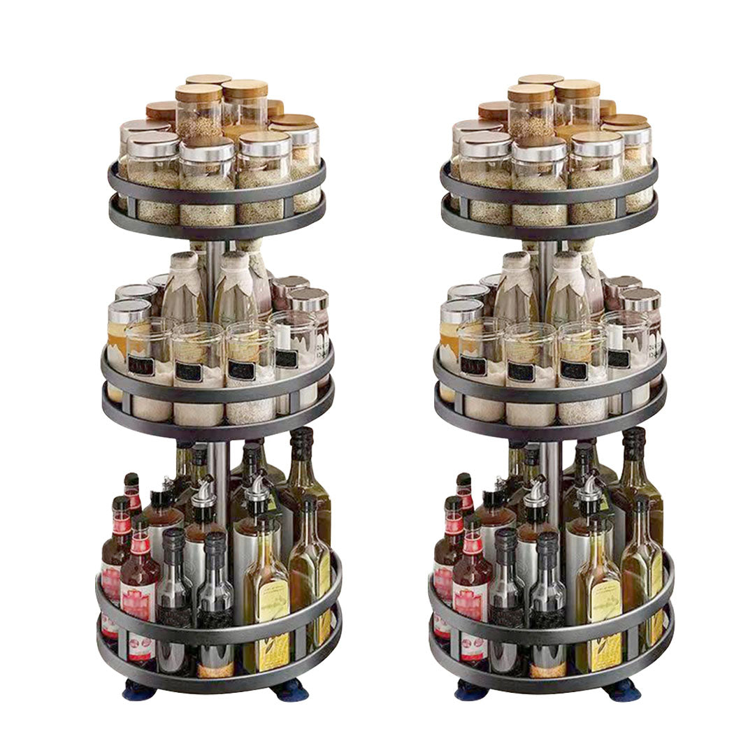 2X 3 Tier Steel Black Round Rotating Multi-Function Kitchen Portable Storage Spice Seasoning Kitchen Countertop Organiser Shelf