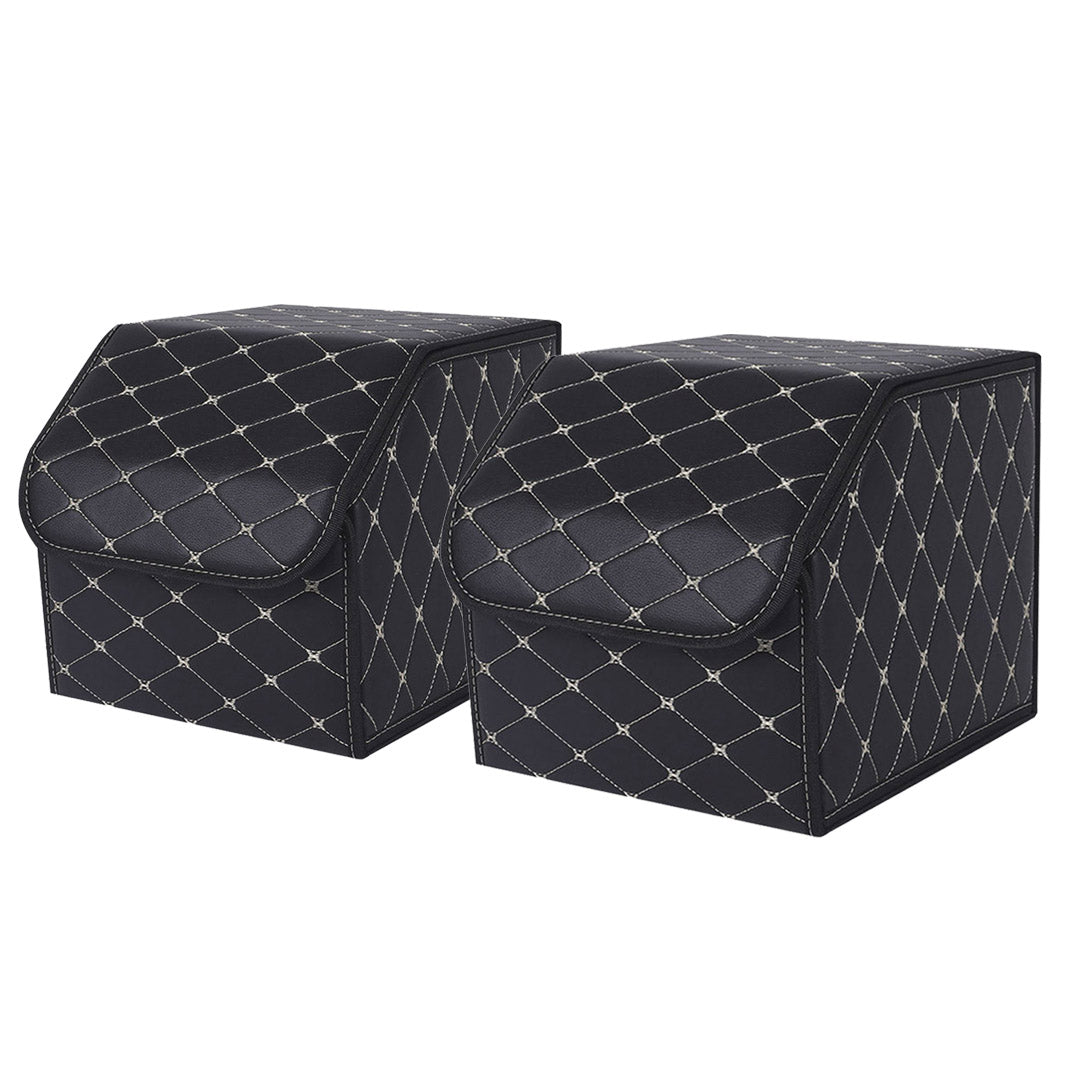 Soga 2 X Leather Car Boot Collapsible Foldable Trunk Cargo Organizer Portable Storage Box Black/Gold Stitch Small