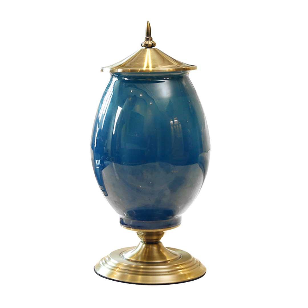 Soga 40.5cm Ceramic Oval Flower Vase With Gold Metal Base Dark Blue