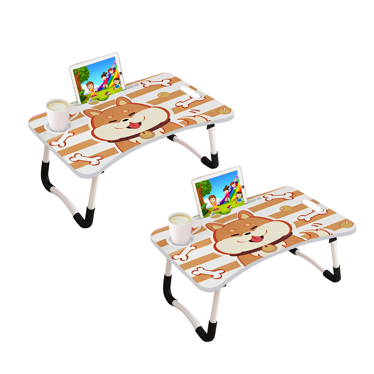 2X Cute Dog Design Portable Bed Table Adjustable Foldable Bed Sofa Study Table Laptop Mini Desk with Drawer and Cup Slot Home Decor