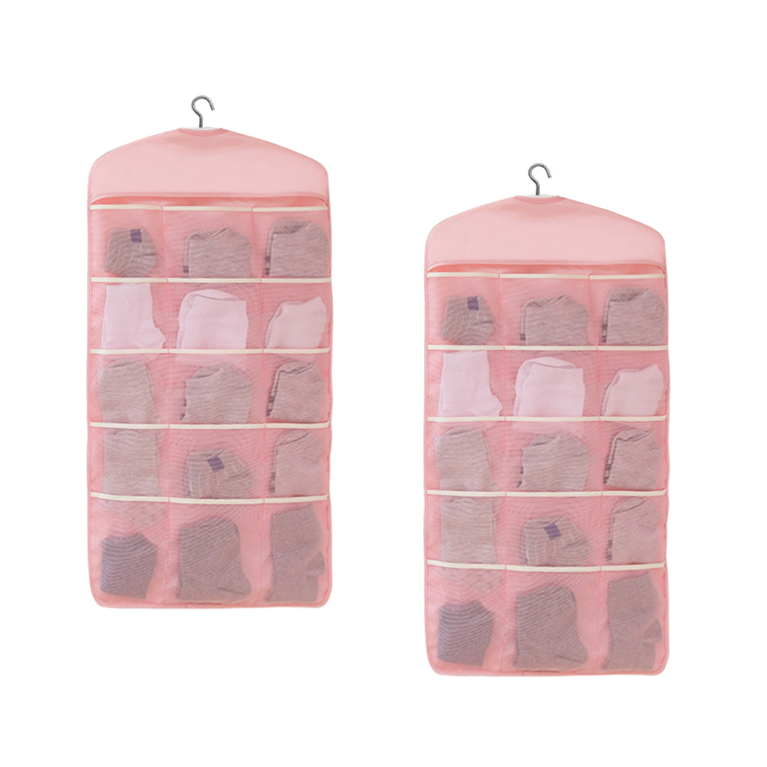 2X Pink Double Sided Hanging Storage Bag Underwear Bra Socks Mesh Pocket Hanger Home Organiser