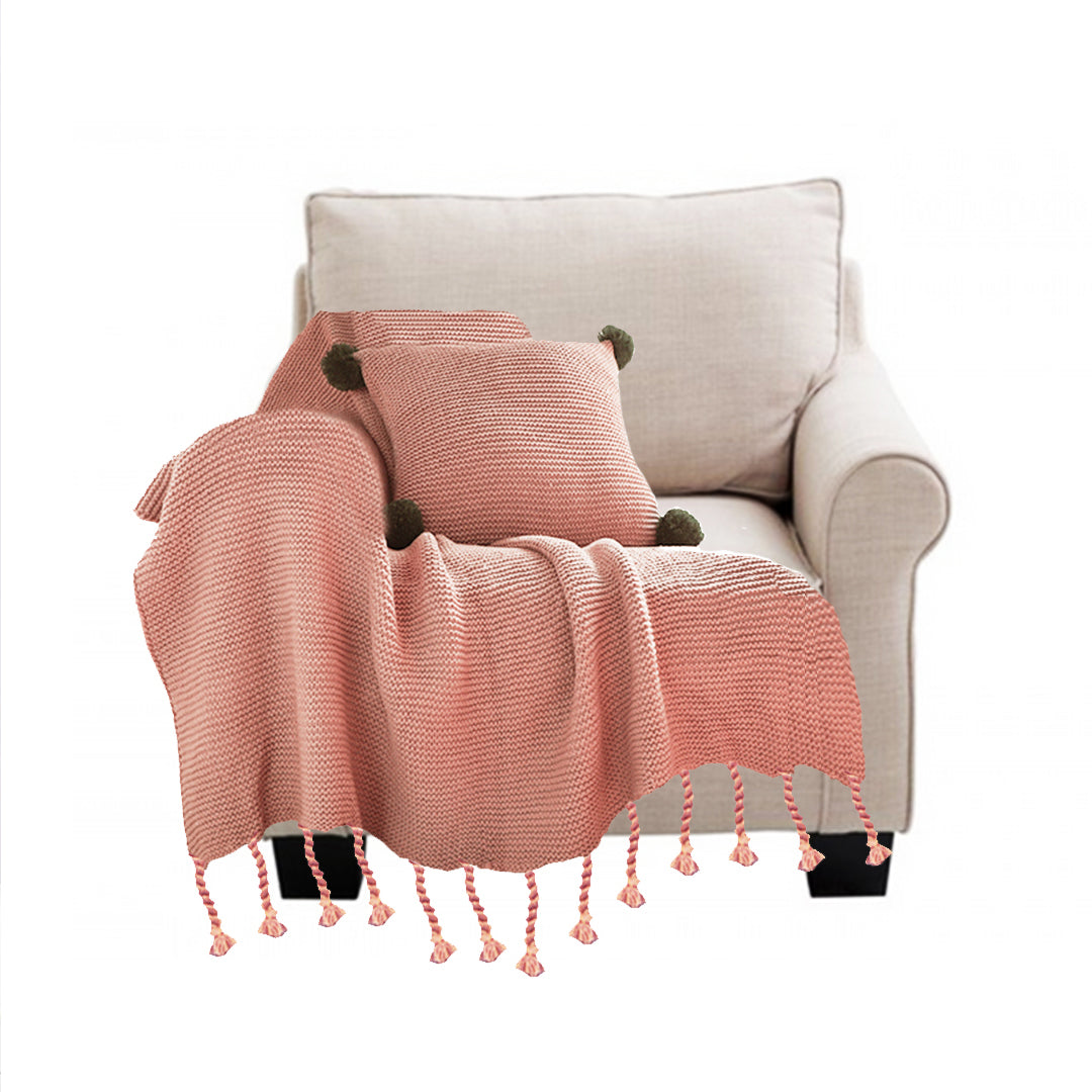 Pink Tassel Fringe Knitting Blanket Warm Cozy Woven Cover Couch Bed Sofa Home Decor
