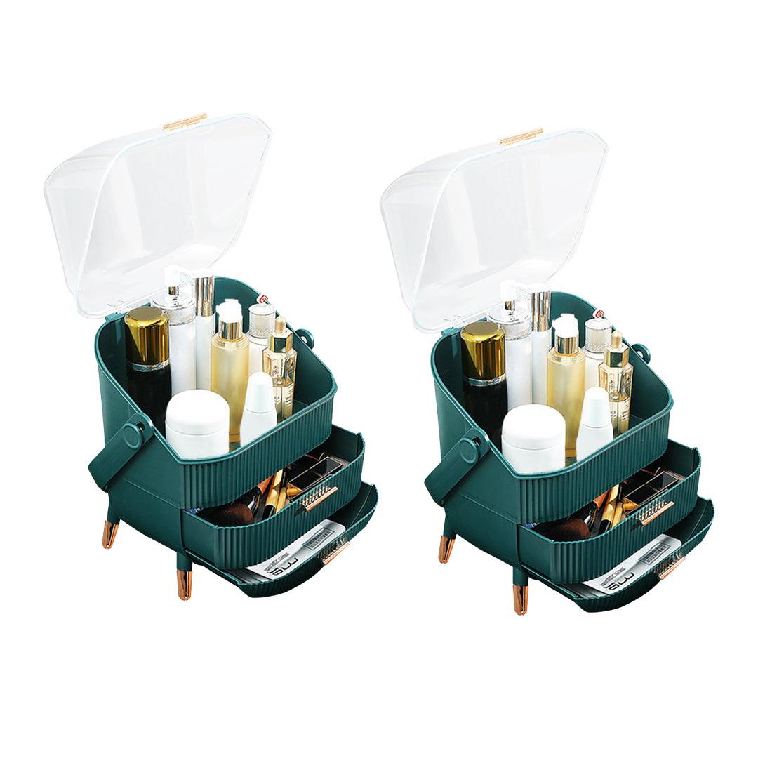2X 29cm Green Countertop Makeup Cosmetic Storage Organiser Skincare Holder Jewelry Storage Box with Handle