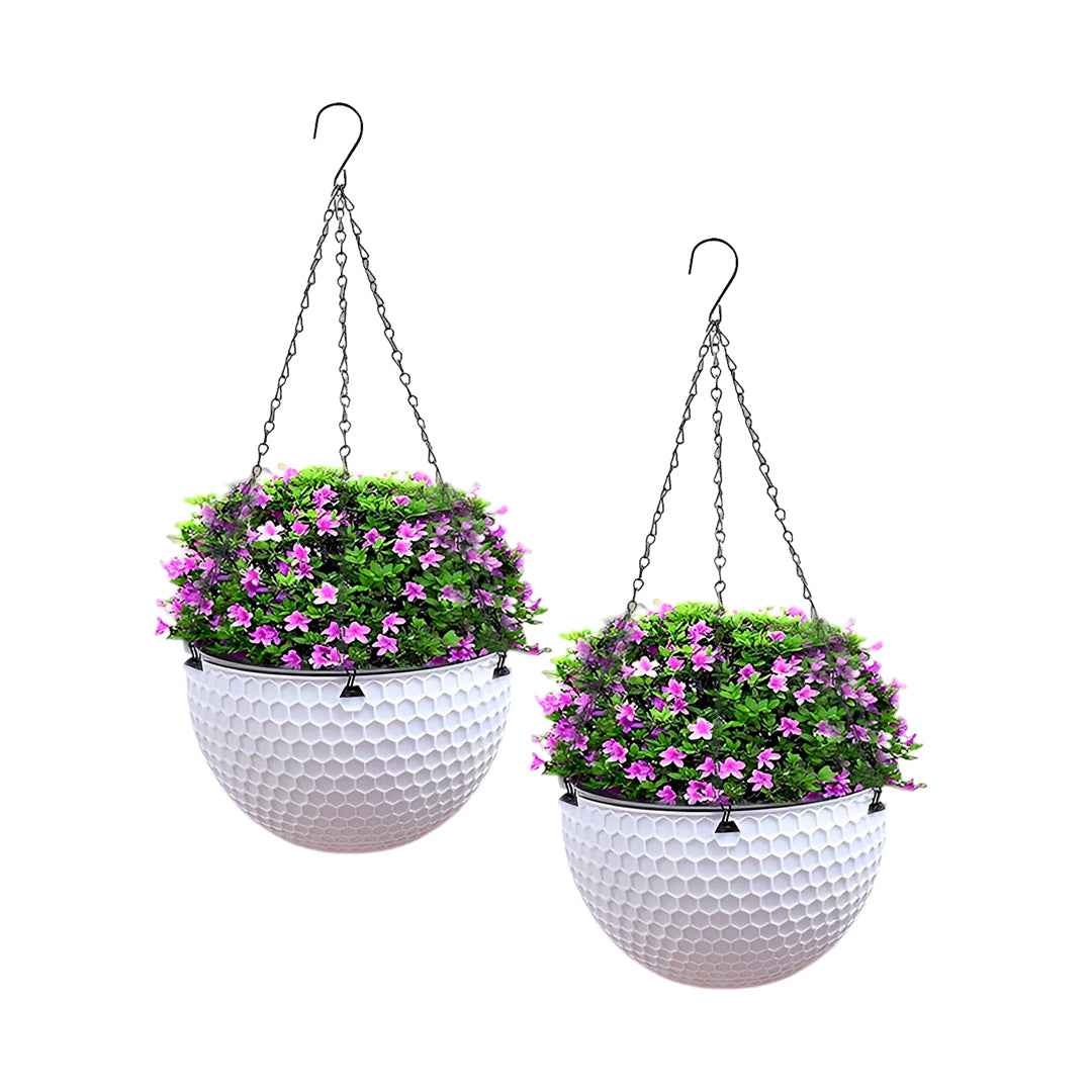 2X White Small Hanging Resin Flower Pot Self Watering Basket Planter Indoor Outdoor Garden Decor