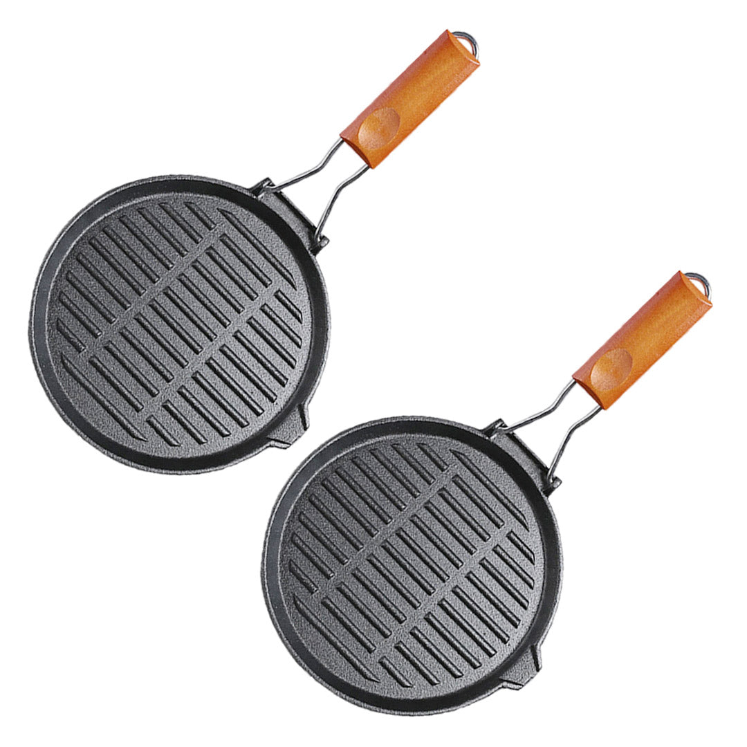 Soga 2 X 24cm Round Ribbed Cast Iron Steak Frying Grill Skillet Pan With Folding Wooden Handle