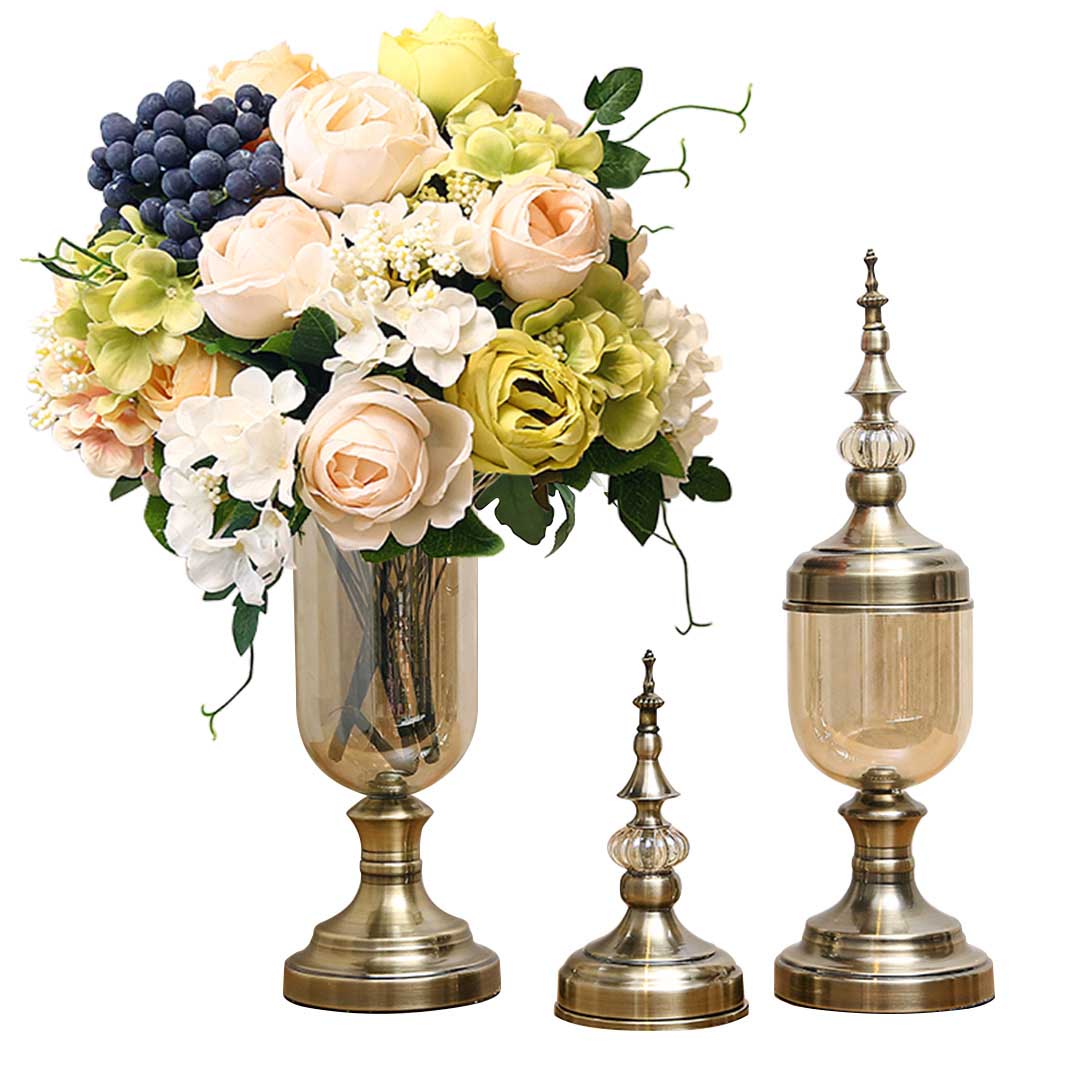 Soga 2 X Clear Glass Flower Vase With Lid And White Flower Filler Vase Bronze Set