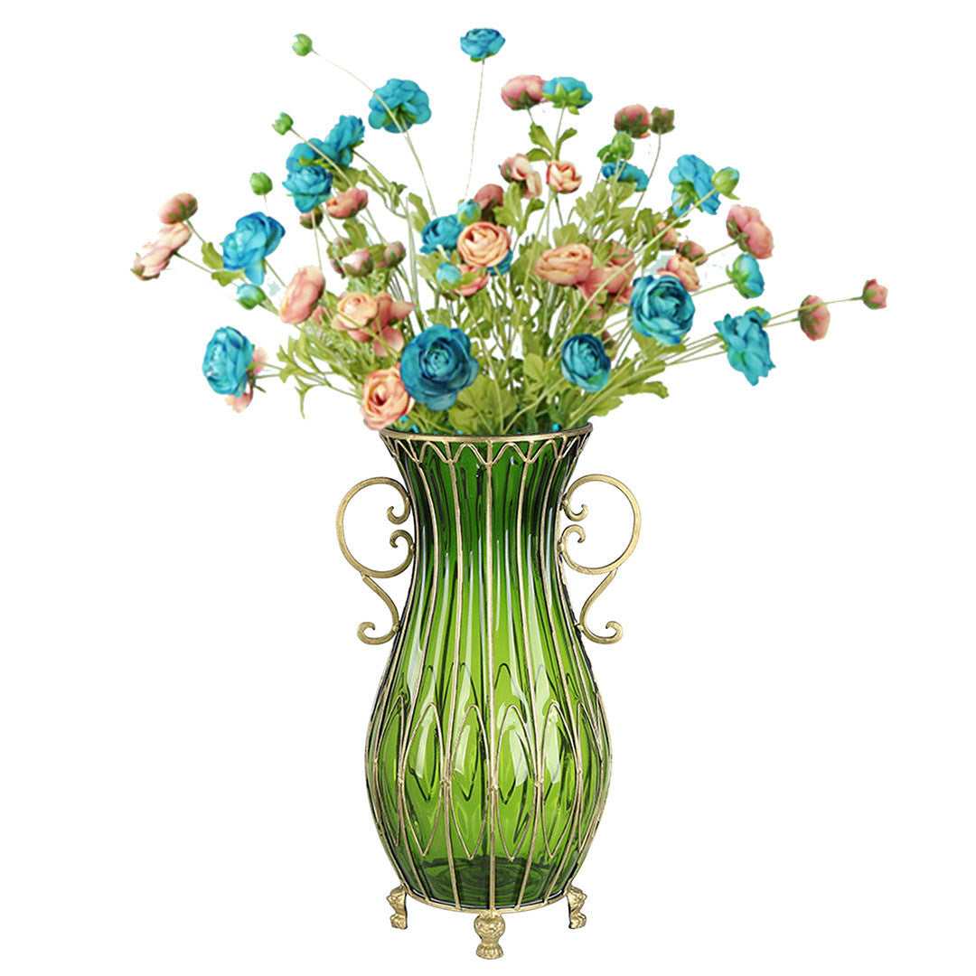 Soga 51cm Green Glass Tall Floor Vase With 12pcs Artificial Fake Flower Set