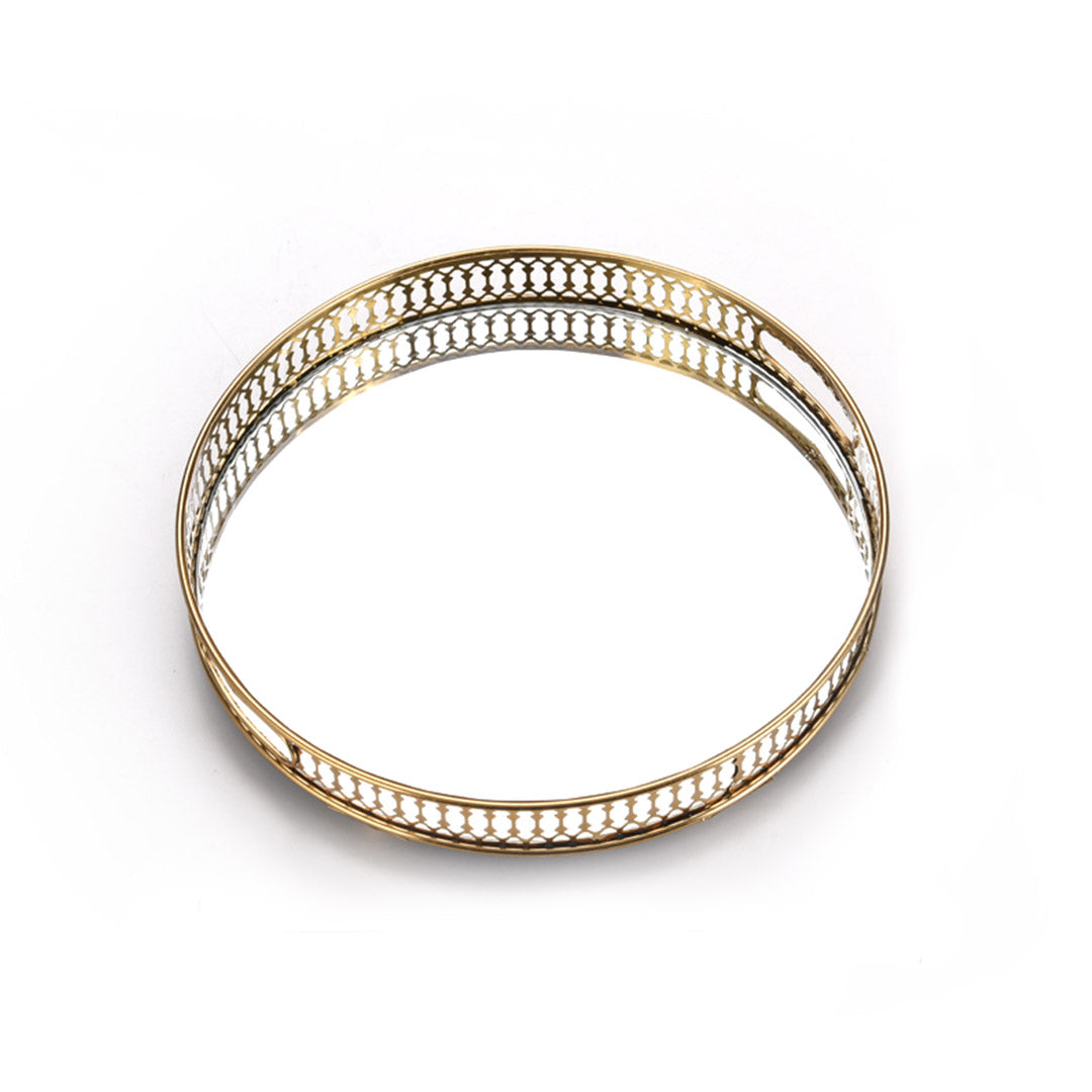 Soga 32cm Gold Round Ornate Mirror Glass Metal Tray Vanity Makeup Perfume Jewelry Organiser With Handles