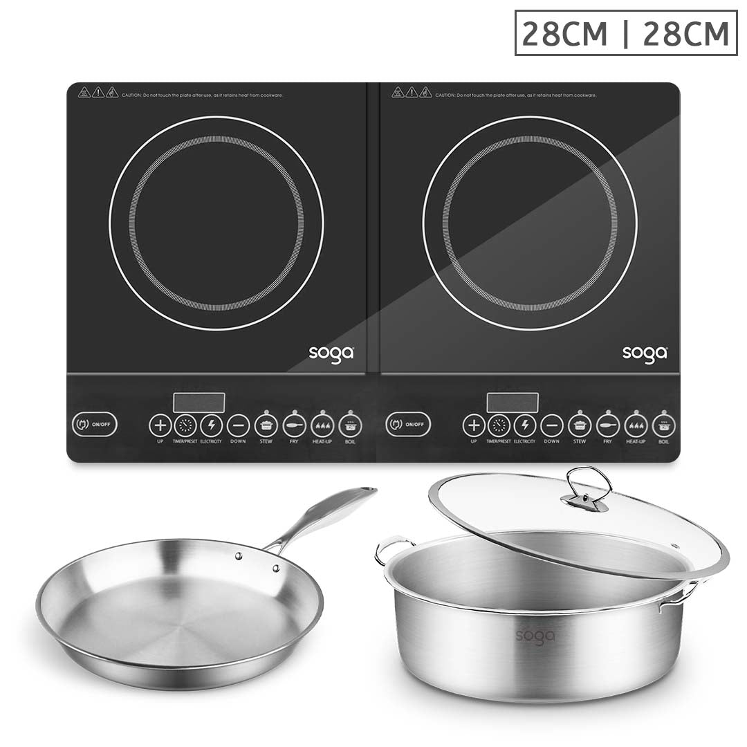 Dual Burners Cooktop Stove 28cm Stainless Steel Induction Casserole and 28cm Fry Pan