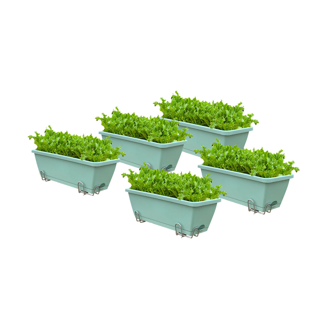49.5cm Green Rectangular Planter Vegetable Herb Flower Outdoor Plastic Box with Holder Balcony Garden Decor Set of 5