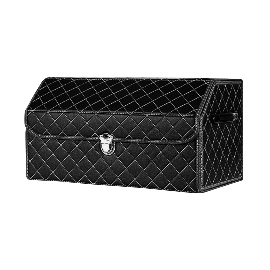 Soga Leather Car Boot Collapsible Foldable Trunk Cargo Organizer Portable Storage Box Black/White Stitch With Lock Medium