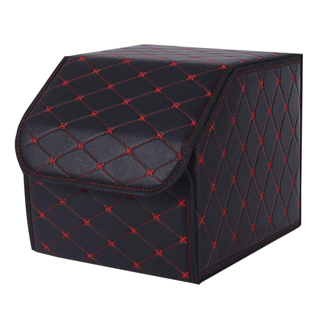 Soga Leather Car Boot Collapsible Foldable Trunk Cargo Organizer Portable Storage Box Black/Red Stitch Small