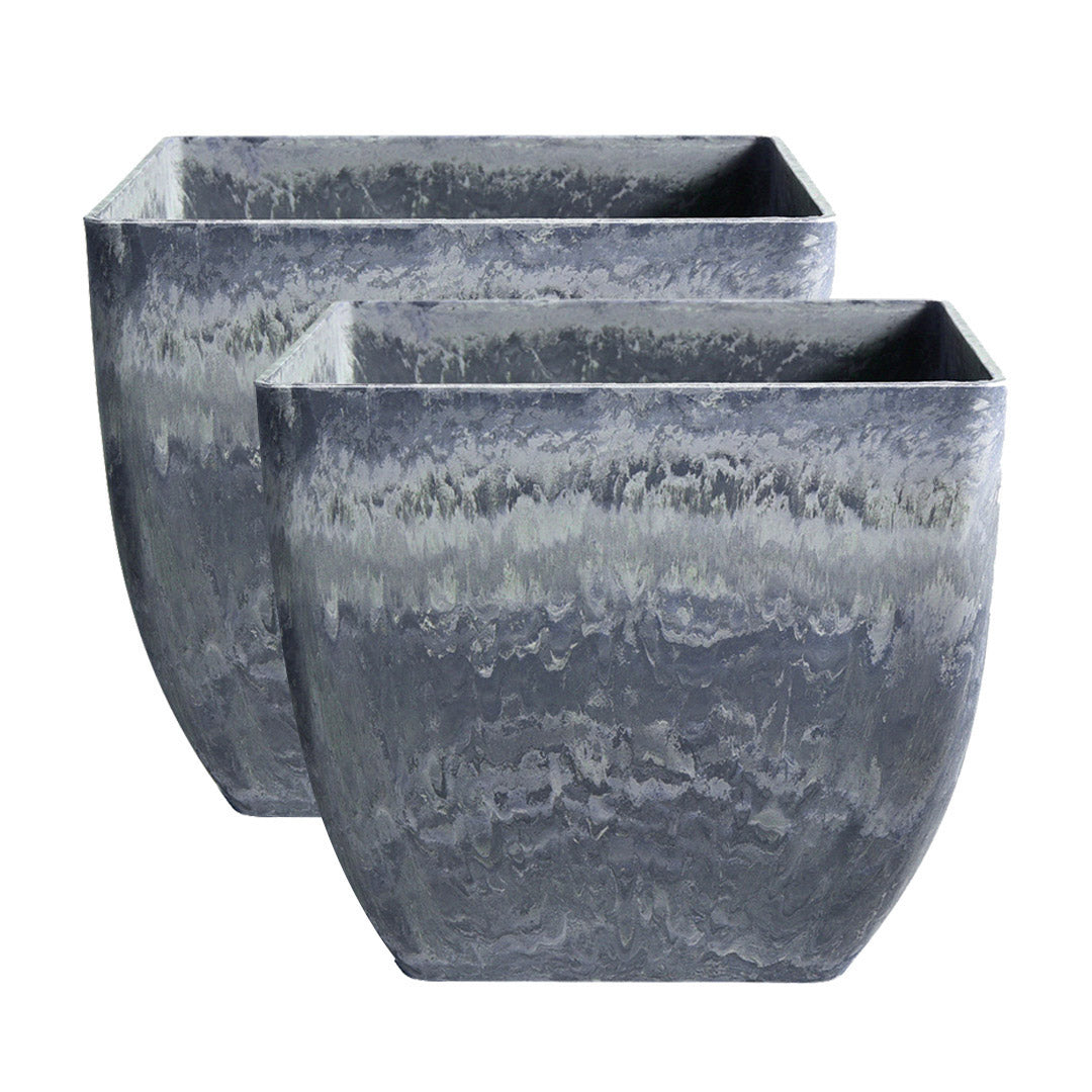 Soga 2 X 27cm Weathered Grey Square Resin Plant Flower Pot In Cement Pattern Planter Cachepot For Indoor Home Office