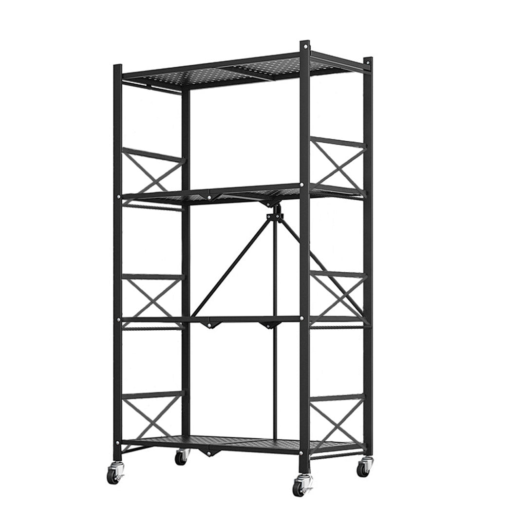 Soga 4 Tier Steel Black Foldable Display Stand Multi Functional Shelves Portable Storage Organizer With Wheels