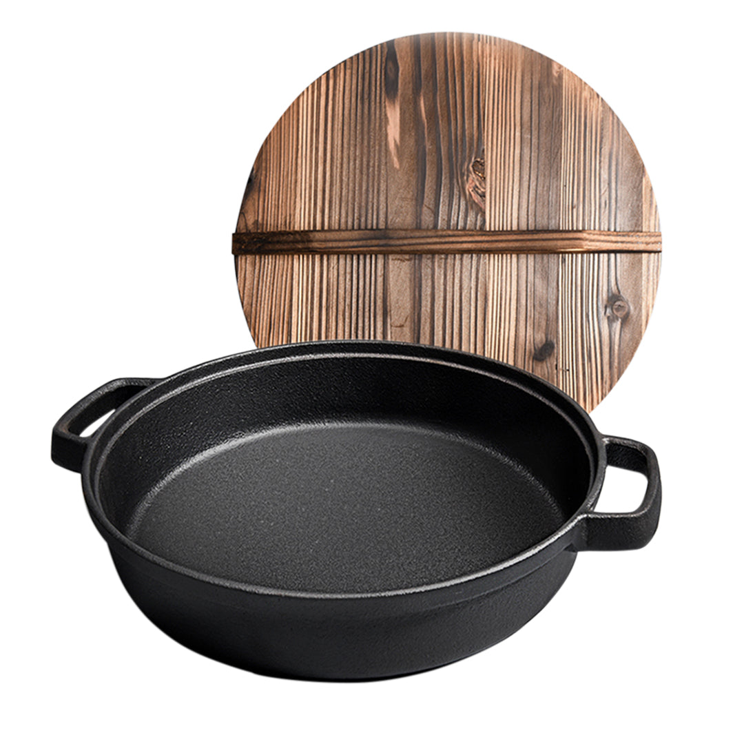 Soga 33cm Round Cast Iron Pre Seasoned Deep Baking Pizza Frying Pan Skillet With Wooden Lid