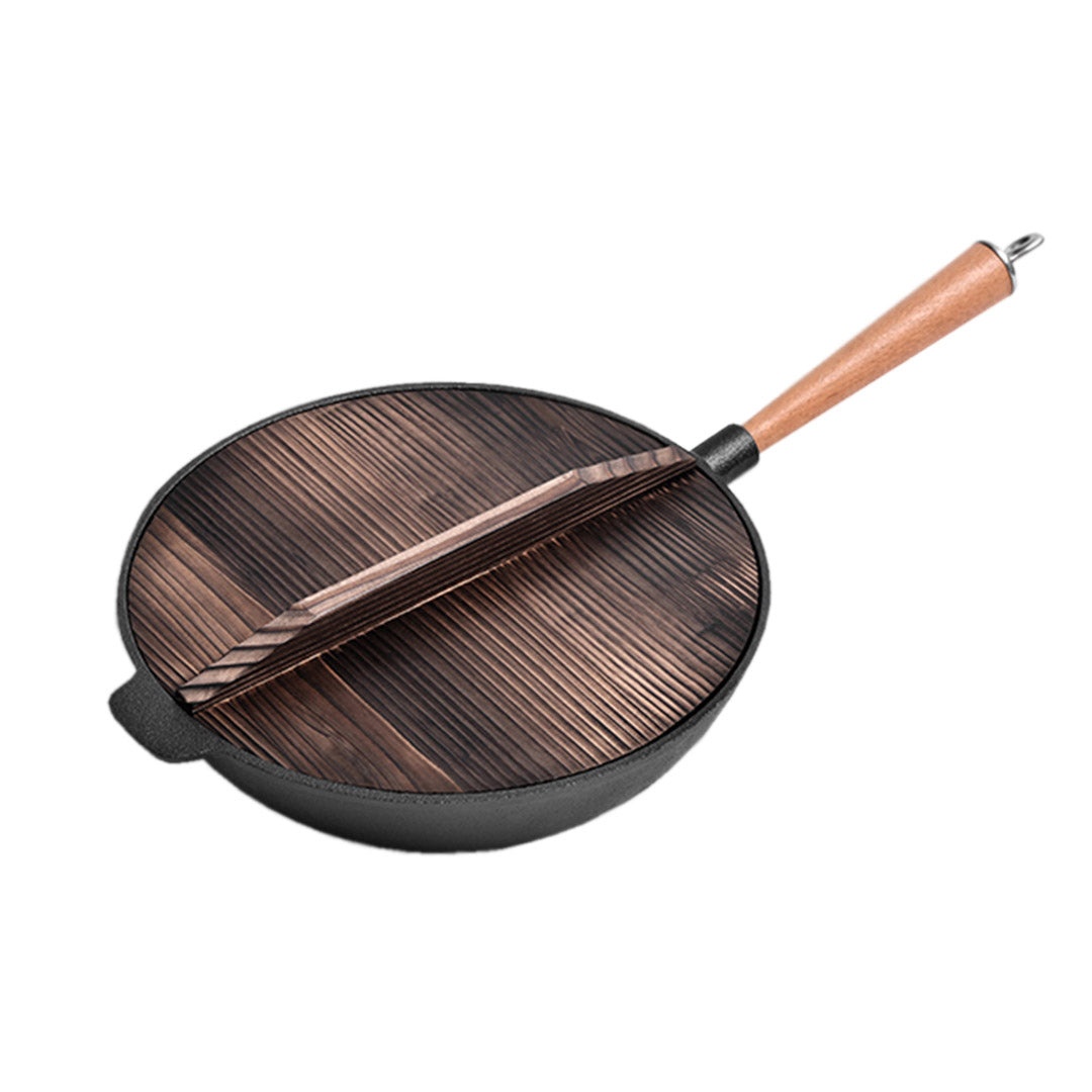 Soga 31cm Commercial Cast Iron Wok Fry Pan Fry Pan With Wooden Lid