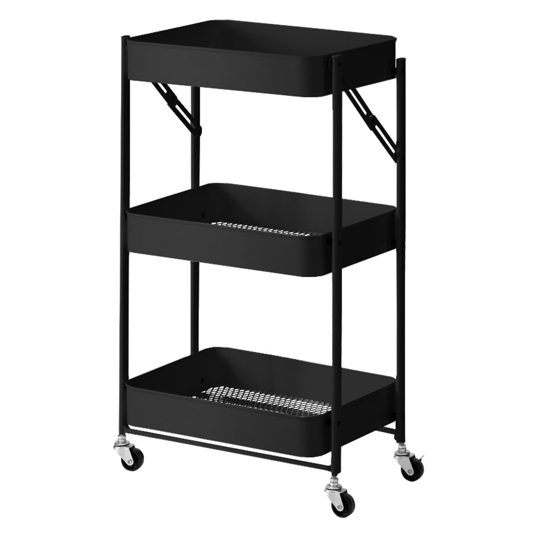 Soga 3 Tier Steel Black Foldable Kitchen Cart Multi Functional Shelves Portable Storage Organizer With Wheels