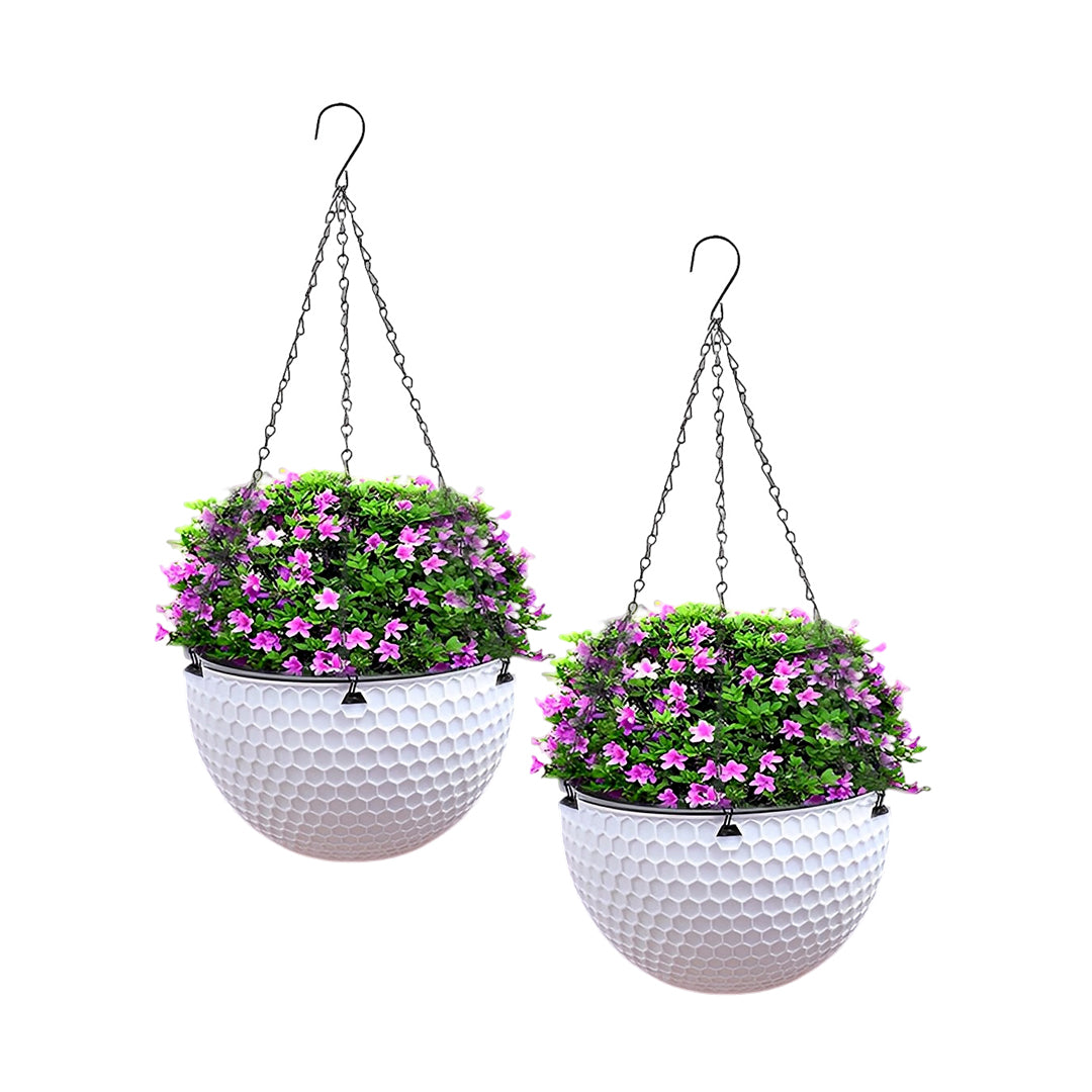 2X White Medium Hanging Resin Flower Pot Self Watering Basket Planter Indoor Outdoor Garden Decor