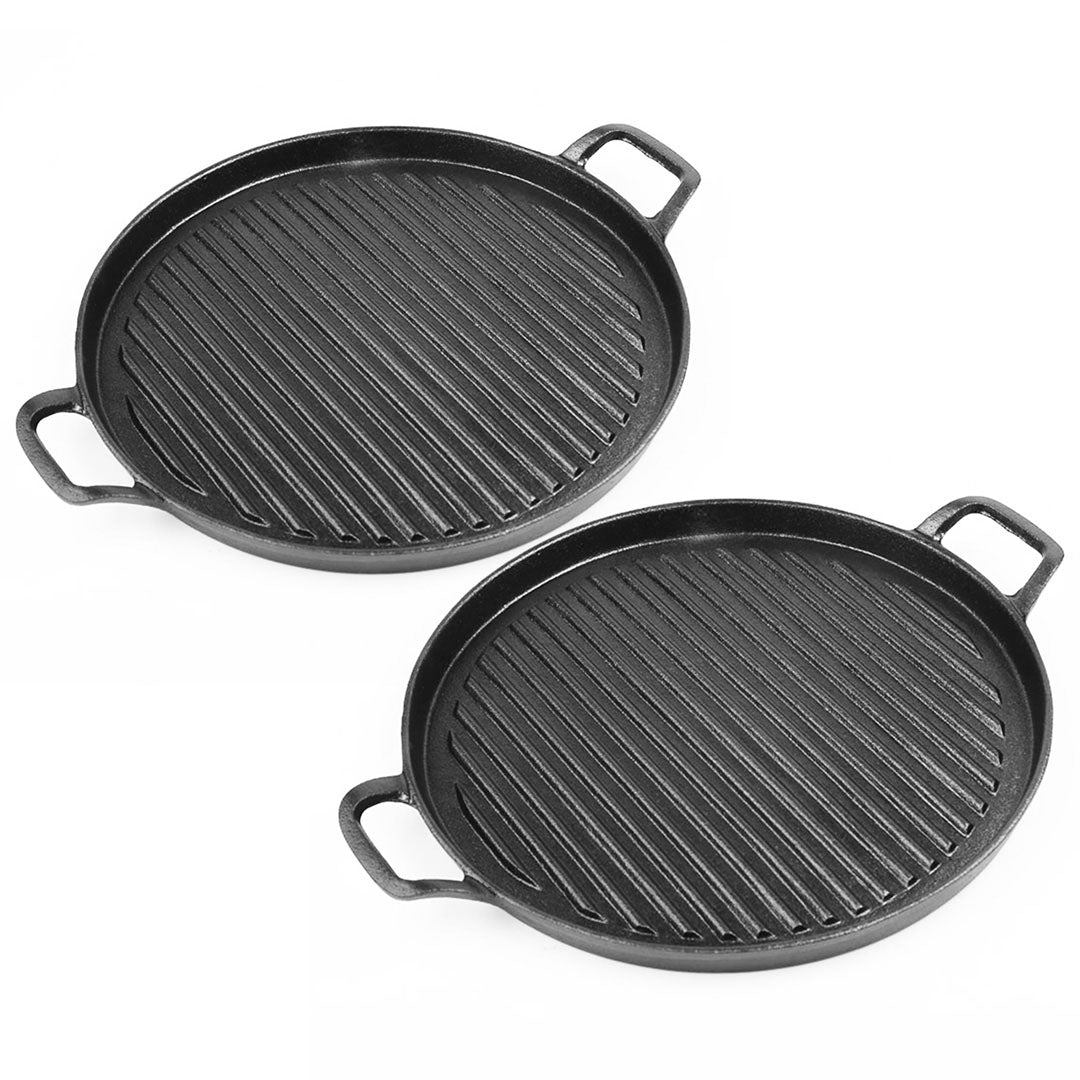 Soga 2 X 28cm Ribbed Cast Iron Frying Pan Skillet Coating Steak Sizzle Platter