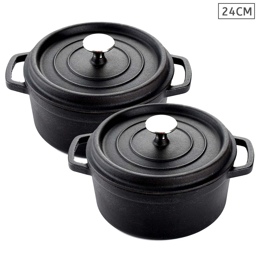 Soga 2 X Cast Iron 24cm Stewpot Casserole Stew Cooking Pot With Lid Black