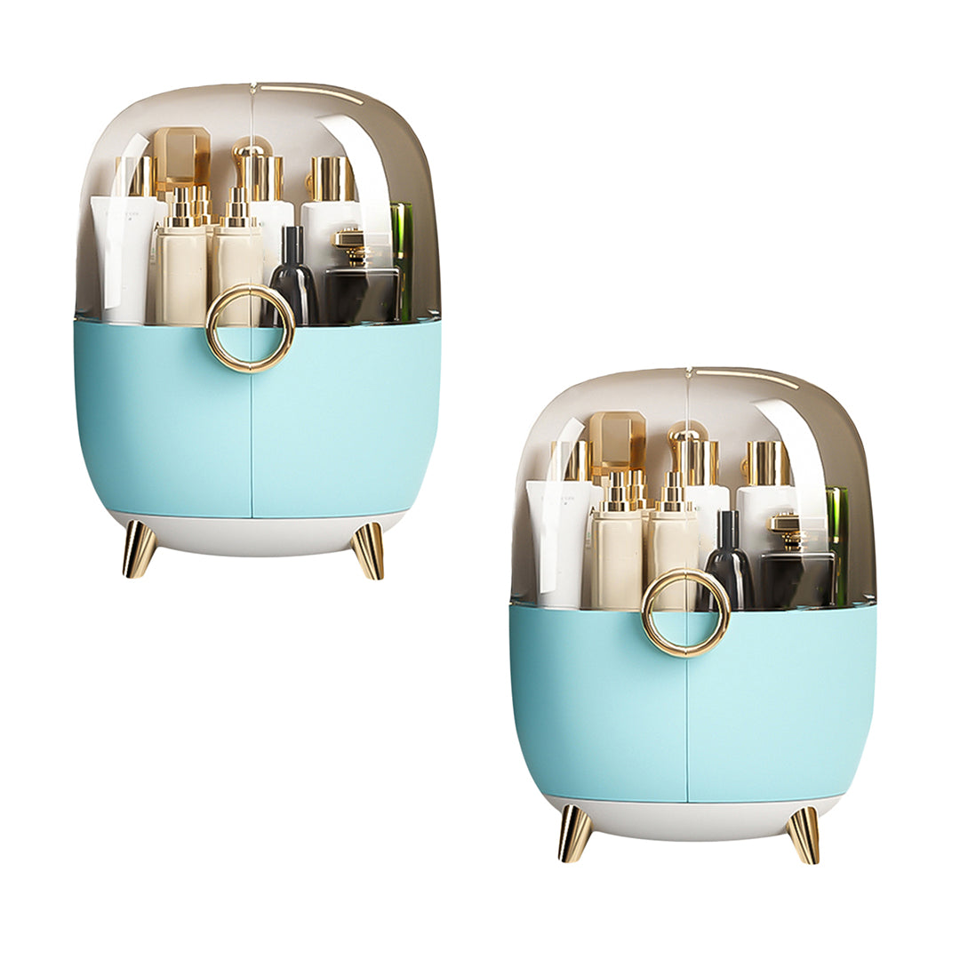 2X Blue Transparent Countertop Makeup Organiser Cosmetic Storage Waterproof Dustproof Bathroom Skincare Holder with Lid