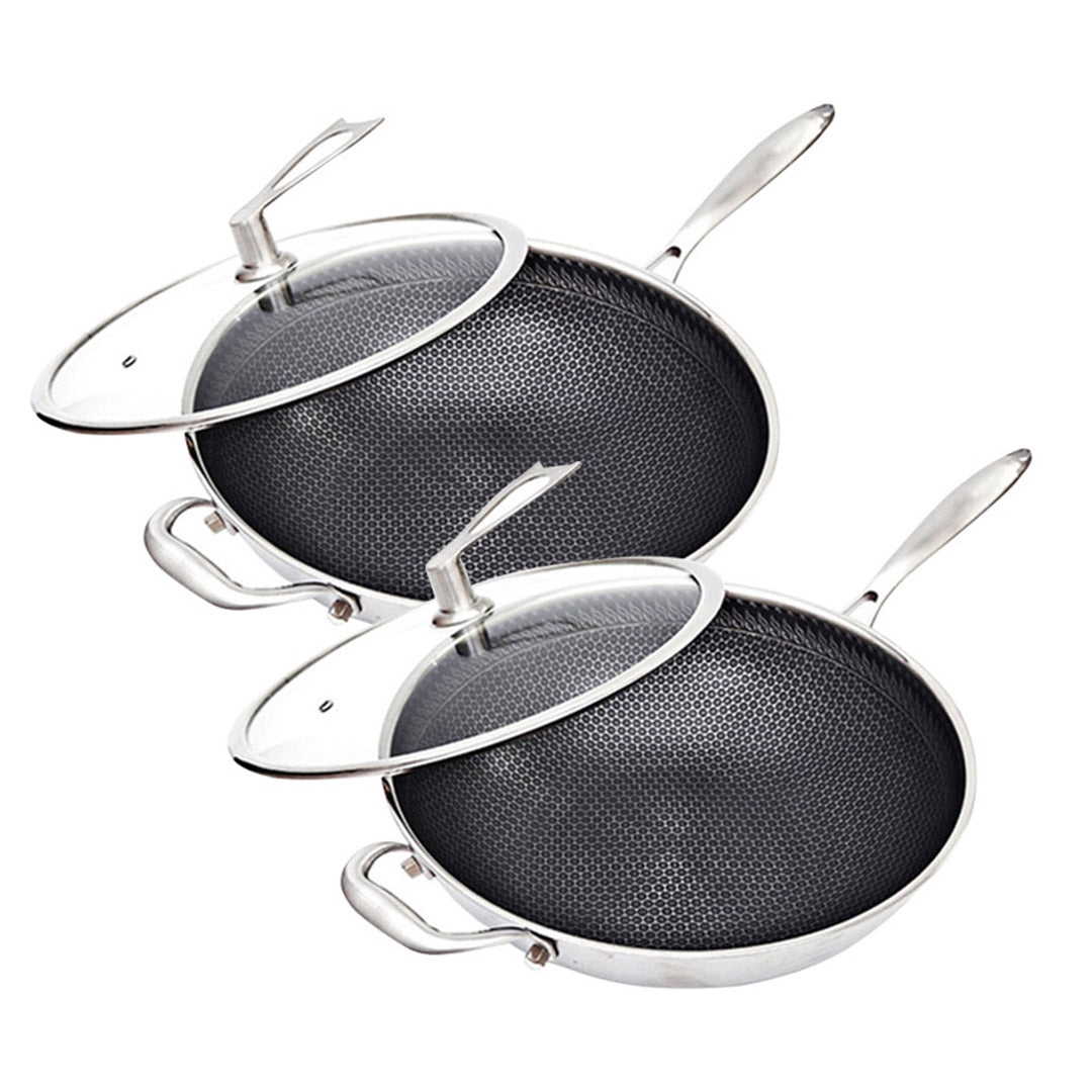 Soga 2 X 34cm Stainless Steel Tri Ply Frying Cooking Fry Pan Textured Non Stick Skillet With Glass Lid And Helper Handle