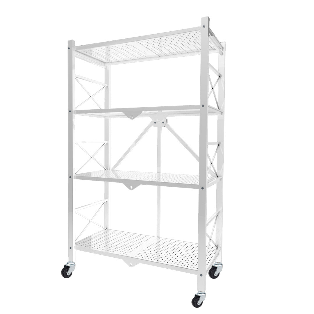 Soga 4 Tier Steel White Foldable Display Stand Multi Functional Shelves Portable Storage Organizer With Wheels