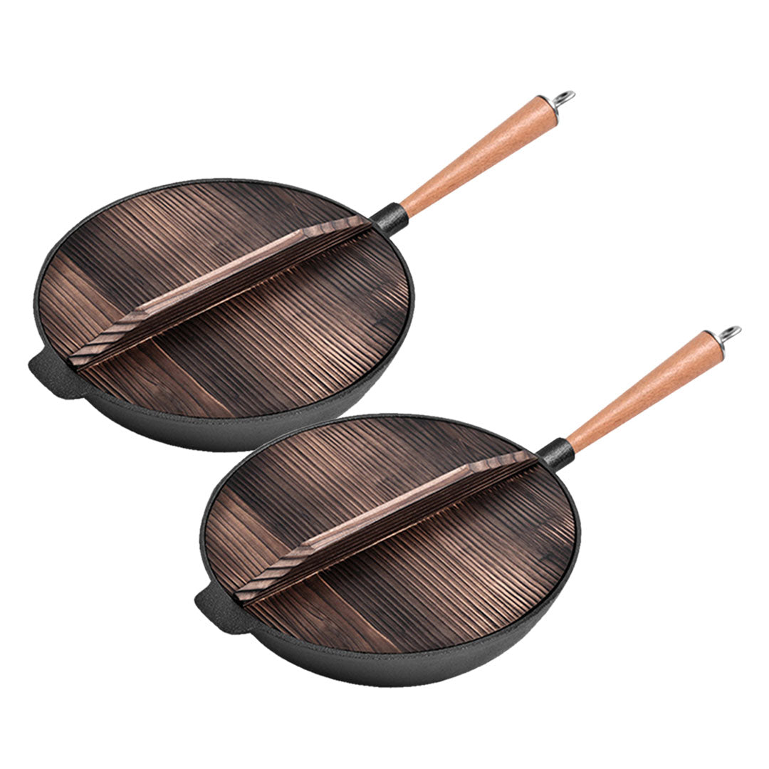 Soga 2 X 31cm Commercial Cast Iron Wok Fry Pan Fry Pan With Wooden Lid