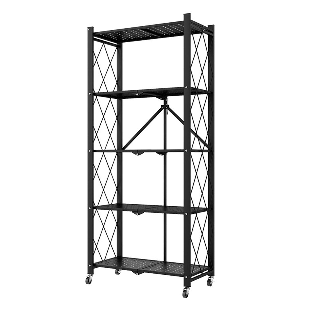 Soga 5 Tier Steel Black Foldable Kitchen Cart Multi Functional Shelves Portable Storage Organizer With Wheels